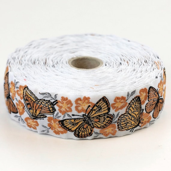 KAFKA G-22/08 Jacquard Ribbon Woven Organic Cotton Trim 1-1/4" wide (32mm) White with Black/Orange/Yellow Butterflies & Blossoms