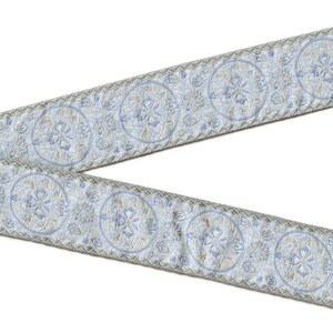GEOMETRIC C-06-S Jacquard Ribbon Poly Trim 5/8" wide (16mm) VINTAGE Made in France, Ice Blue, Gray & Ivory image 2