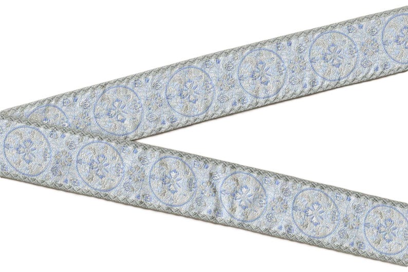 GEOMETRIC C-06-S Jacquard Ribbon Poly Trim 5/8" wide (16mm) VINTAGE Made in France, Ice Blue, Gray & Ivory image 2