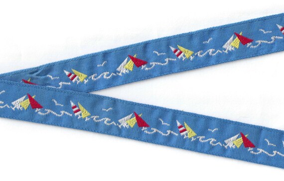 CHILDREN's F-10-A Jacquard Ribbon Cotton Trim 1-1/8" wide (28mm) VINTAGE Sky Blue Background w/Red, Yellow & White Sailboats, Nautical