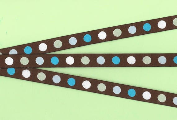 POLKA DOTS C-22-Bb(RR) Jacquard Ribbon Poly Trim 5/8" wide (16mm) Brown Background w/White, Mint Green, Pale Blue & Turquoise Dots