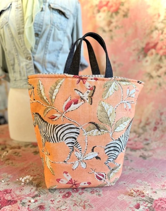 ATENTI "SAVANNAH" Dk Peach w/Zebras, Hope Basket Needle Arts/Knitting Project Bag, Handmade USA