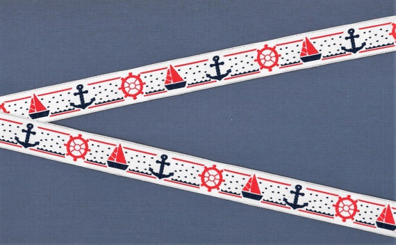 CHILDREN's NAUTICAL C-18-A Jacquard Ribbon Poly Trim 5/8" Wide (16mm) VINTAGE White w/Navy Dots w/Sailboats Anchors Wheels