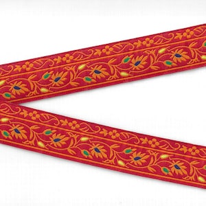Nastro jacquard FLORAL G-11-H in poliestere, larghezza 1-3/8" (34 mm), prodotto in Francia, rosso con volute/foglie/viti arancioni, accenti blu navy/giallo/verde