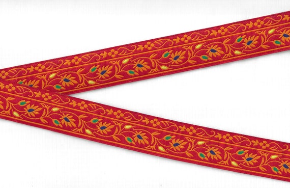 FLORAL G-11-H Jacquard Ribbon Poly Trim 1-3/8" wide (34mm) Made in France Red w/Orange Scrolls/Leaves/Vines, Navy Blue/Yellow/Green Accents