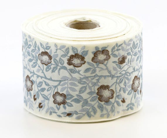 KAFKA L-01/45 Jacquard Ribbon Woven Organic Cotton Trim 2-3/8" wide (60mm) Ivory w/Brown & Cream Wild Roses, Blue/Gray Leaves Stems