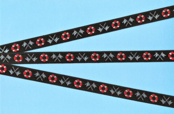 SPORTS/Nautical B-01-B Jacquard Ribbon Cotton/Rayon Trim 9/16" wide Black Background w/Lt Blue & White Flags, Red/White Life Preservers