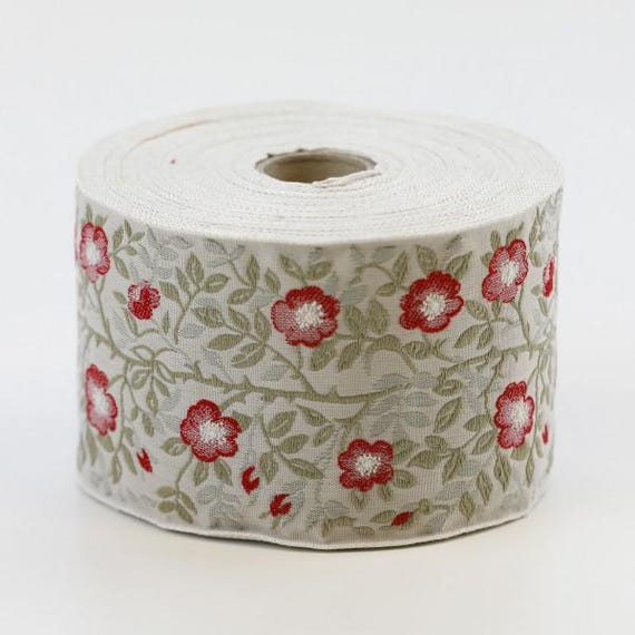 KAFKA L-01/29 Jacquard Ribbon Woven Organic Cotton Trim 2-3/8" wide (60mm) Beige w/Variegated Red Wild Roses, Gray & Taupe Leaves