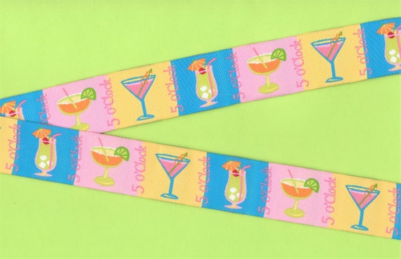 NOVELTY G-04-A Jacquard Ribbon Poly Trim 1-1/8" wide (28mm) Douglas Paquette, Multi-Color Block Design w/Drinks "5 O'Clock"