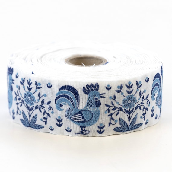 KAFKA G-25/08 Jacquard Ribbon Woven Organic Cotton Trim 1-1/4" wide (32mm) White with Lt Blue & Blue Roosters, Floral Bunch