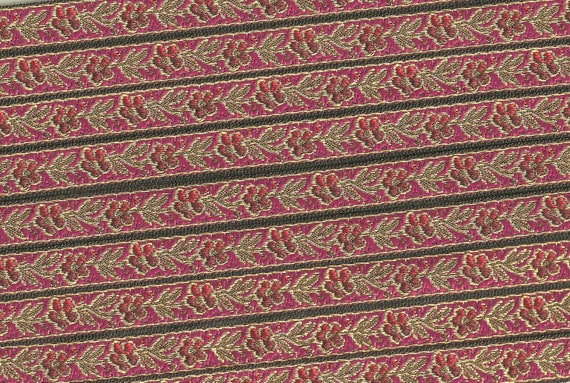 FLORAL B-12-F Jacquard Ribbon Polyester Trim 1/2" wide (13mm) Made in France, Red w/Variegated Red Flowers & Olive Green Vines