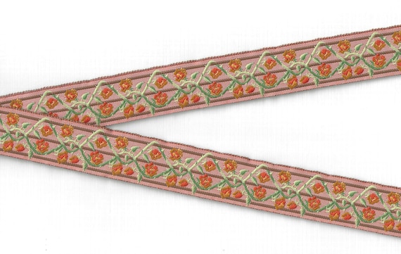 FLORAL F-14-F Jacquard Ribbon Poly Trim 1" wide (25mm) Made in Spain, Apricot Background w/Orange & Tan Roses, Brown Trellis w/Green Vines
