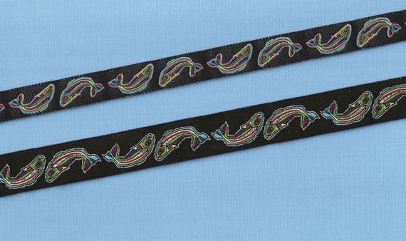 ANIMALS/Water RDS 22-B Jacquard Ribbon Poly 5/8" (16mm) 7/8" (22mm) Trim Black w/Rainbow Fish Metallic Silver Accents Width/Length Options
