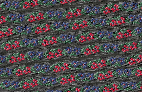 FLORAL B-21-A Jacquard Ribbon Poly Trim 1/2" Wide (13mm) Black w/Royal Blue & Red Flowers, Green Leaves/Stems