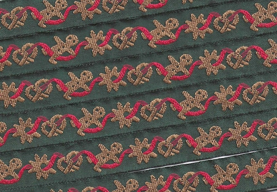 KAFKA C-02/06 Jacquard Ribbon Organic Cotton Trim 5/8" wide (16mm) Green w/Gingerbread Men