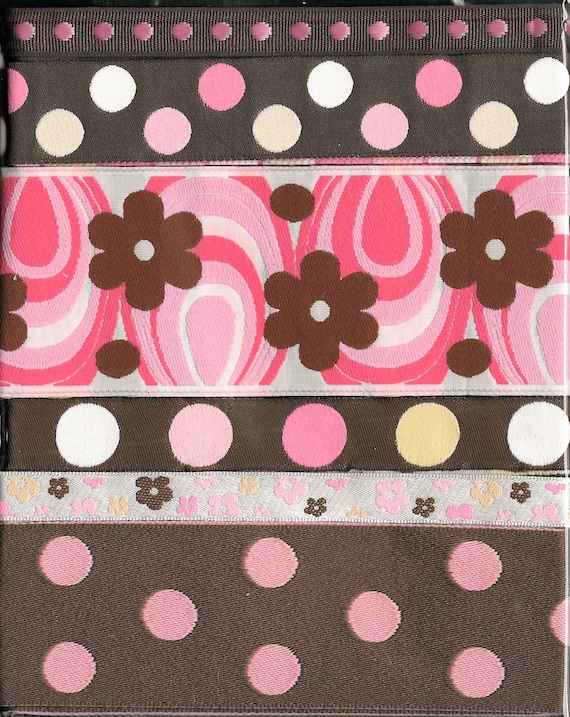 RIBBON PAK-08 Jacquard Ribbon Polyester Trim 1yd lengths of 6 Designs in Brown, White, Pink & Ivory Florals and Polka Dots