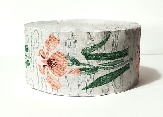 KAFKA H-10/04 Jacquard Ribbon Woven Organic Cotton Trim 1-1/2" wide (38mm) Gray Background w/Peach Irises & 2-Tone Green Leaves