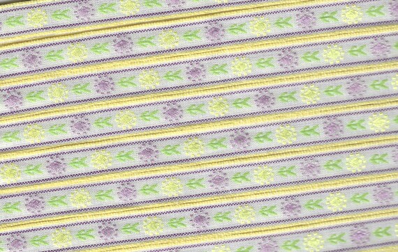 FLORAL A-15-L Jacquard Ribbon Poly Blend Trim 7/16" wide Ivory w/Pale Yellow Borders, Lilac/Pale Yellow Flowers, Lime Green Leaves