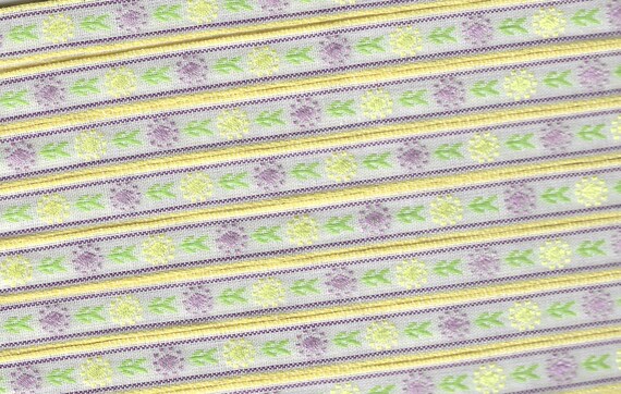 FLORAL A-15-L Jacquard Ribbon Poly Blend Trim 7/16" wide Ivory w/Pale Yellow Borders, Lilac/Pale Yellow Flowers, Lime Green Leaves