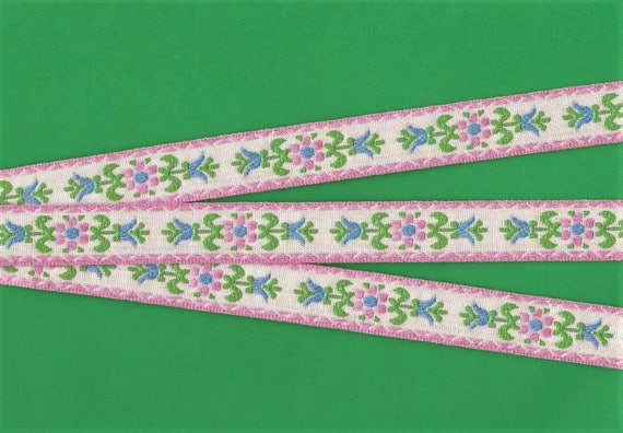 FLORAL C-03-A Jacquard Ribbon Cotton Trim 5/8" wide (16mm) White Linen w/Pink Borders, Pink/Blue Flowers, Green Leaves Embroidery