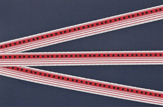 JULY/HOLIDAY C-01 Jacquard Ribbon Poly Trim 5/8" Wide (16mm) White Background Red & White Stripe Navy Blue Stars, 4th of July Motif REMNANT