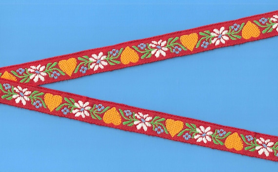 HEARTS/FLOWERS D-21-A Jacquard Ribbon Woven Cotton Trim 3/4" wide (20mm) Red w/Yellow Hearts, White & Blue Edelweiss, Green Leaves