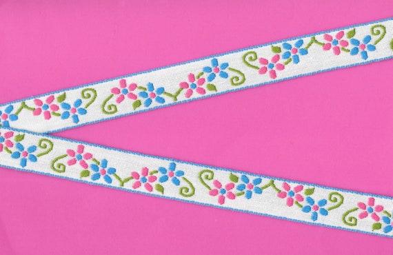 FLORAL D-21-A Jacquard Ribbon Woven Cotton Trim 13/16" wide (21mm) White Background, Blue Border w/Pink & Blue Flowers, Green Stems