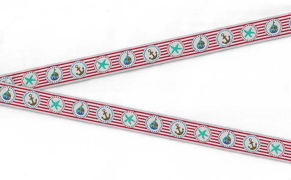 CHILDREN's NAUTICAL C-20-B Jacquard Ribbon Poly Trim 5/8" wide (16mm) Red & White Stripe w/ Nautical Emblems
