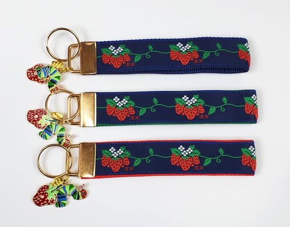STRAWBERRIES & INSECT Charms Jacquard Ribbon/Nylon Web 1" wide (25mm) Key Fobs, Keychain Key Wristlet Luggage Tags 5.5" long