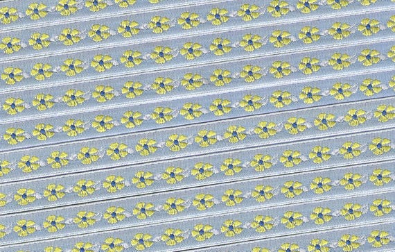 FLORAL A-22-B Jacquard Ribbon Poly Trim 3/8" wide (9mm) Made in France, Sky Blue Background w/Petite Yellow Daisies & Navy Accents
