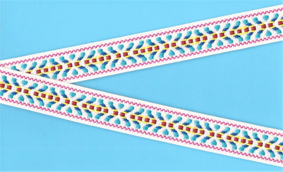 NATIVE AMERICAN F-29-A Jacquard Ribbon Cotton/Poly Trim ***1" Wide (26mm) REVERSIBLE White w/Blue, Royal Blue, Brown, Yellow & Red, Per Yard