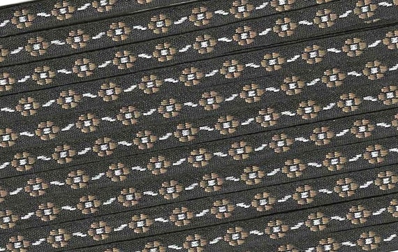 FLORAL A-02-B Jacquard Ribbon Polyester Trim 5/16" wide, Black Background w/Petite Brown Flowers, Silver Metallic Accents