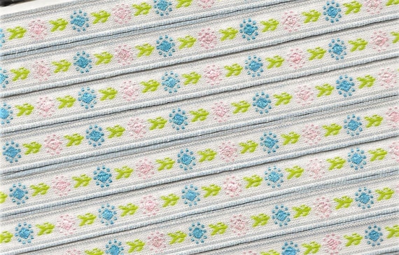 FLORAL A-15-G Jacquard Ribbon Poly Blend Trim 1/2" wide (13mm) White w/Pastel Blue Border, Pink & Blue Flowers, Green Leaves