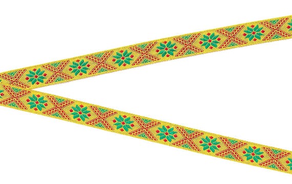 SNOWFLAKES C-25-F Jacquard Ribbon Viscose Trim 5/8" wide (16mm) From France, Sunshine Yellow w/Nordic Green Snowflakes