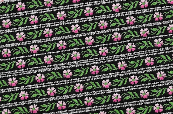 FLORAL A-19-B Jacquard Ribbon Cotton Trim 3/8" wide (9mm) VINTAGE Made in Germany, Black w/Variegated Pink Flowers, Green Leaves