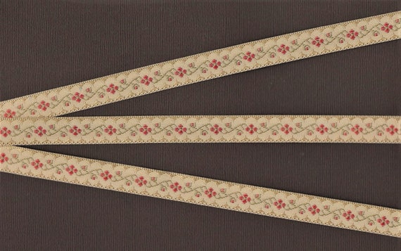 FLORAL B-07-C Jacquard Ribbon Poly Trim, 9/16" Wide (14mm) Petite Red Flowers, Beige Scalloped Borders, Olive Vines on Ivory, Per Yard