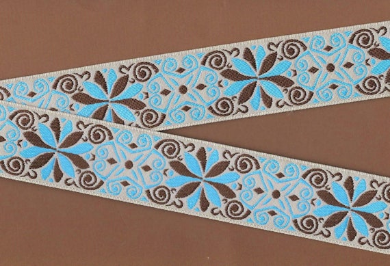 FLORAL H-16-C Jacquard Ribbon Poly Trim 1-1/2" wide (38mm) Grey Background, Chocolate Brown & Blue Flowers with a Scroll Design, Per Yard