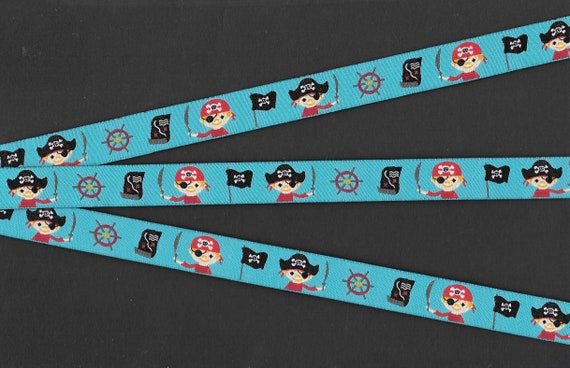 CHILDREN's C-05-B Jacquard Ribbon Poly Trim 5/8" Wide (16mm) Blue w/Pirate Boys in Hats w/Cutlasses Flags Maps & Ship's Wheel