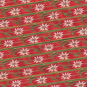 Cinta de jacquard HOLIDAY A-13-B con ribete de poliéster de 3/8" de ancho (9 mm) VINTAGE, francesa, roja con flores de edelweiss blancas, hojas verdes, detalles amarillos