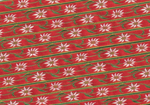HOLIDAY A-13-B Jacquard Ribbon Poly Trim 3/8" wide (9mm) VINTAGE, French, Red w/White Edelweiss Flowers, Green Leaves, Yellow Accents