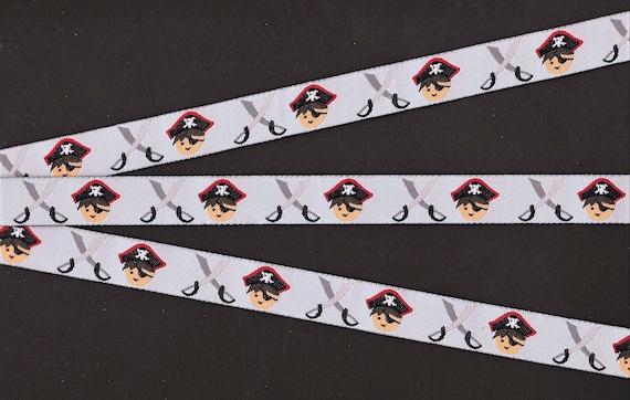 CHILDREN's C-05-D Jacquard Ribbon Poly Trim 5/8" Wide (16mm) Pale Blue w/Pirate Boy with Eye Patch in Hat with Cutlasses