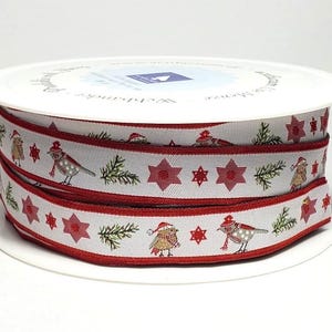 KERSTIN HESS Fita Jacquard para Festas, 16 mm de largura, da Alemanha, "Pássaros e Estrelas para Festas", borda branca e vermelha, pássaros, estrelas e raminhos