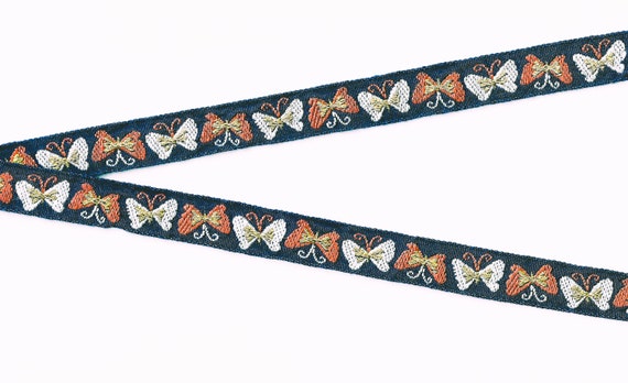 INSECTS C-13-A Jacquard Ribbon Cotton Trim 5/8" Wide (16mm) VINTAGE Retro 70's Navy Background w/White, Yellow & Orange Butterflies, REMNANT