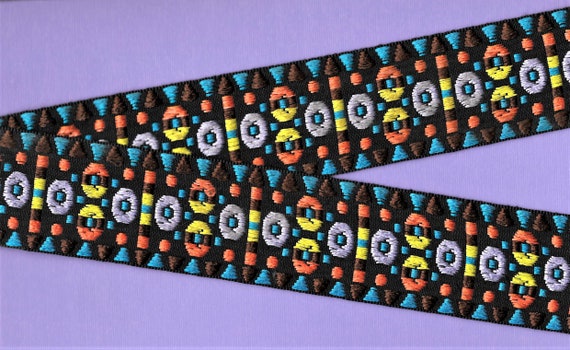 NATIVE AMERICAN K-03-G Jacquard Ribbon Poly Trim 1-3/4" wide (44mm) Black w/Brown Turquoise Yellow Orange Brown Lilac Dots, Per Yard