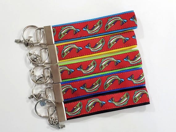WILDLIFE  Jacquard Ribbon/Nylon Web 1" wide (25mm) Key Fobs, Red Rainbow Fish w/Charms, Keychain, Wristlet, Luggage Tags 5.5" long