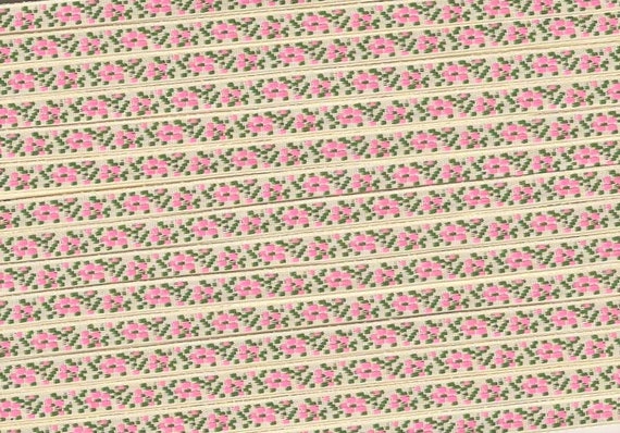 FLORAL A-05-U Jacquard Ribbon Polyester Trim 1/4" Wide (6mm) Cream Background w/Petite Pink Flowers, Dark Green Leaves