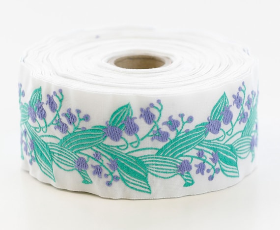 KAFKA H-02/34 Jacquard Ribbon Woven Organic Cotton Trim 1-1/2" wide (38mm) White w/Lilac Lilies of the Valley, Green Leaves