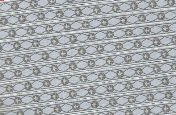 KAFKA A-17/11 Jacquard Ribbon Organic Cotton Woven Trim 7/16" wide (10mm) Lt Gray Background w/Gray Lines & Ovals, Beige Center Accents