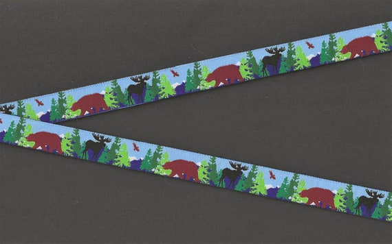 RDS C-19-D Jacquard Ribbon Poly Trim 5/8" wide (16mm) Blue Sky, Mountains w/Brownish-Red Bears, Black Moose Eagles Trees RETIRED Color