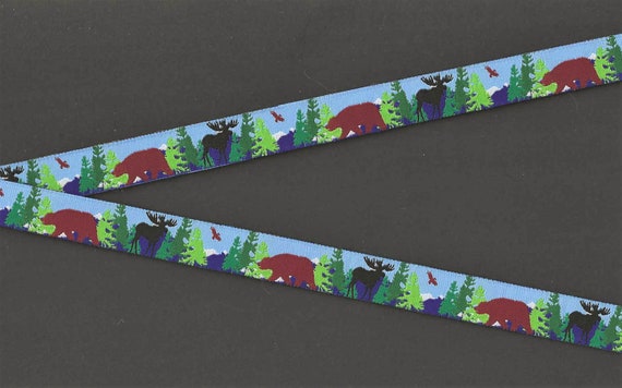 RDS C-19-D Jacquard Ribbon Poly Trim 5/8" Wide (16mm) Brown Bears Black Moose, Eagles, Mountains & Trees